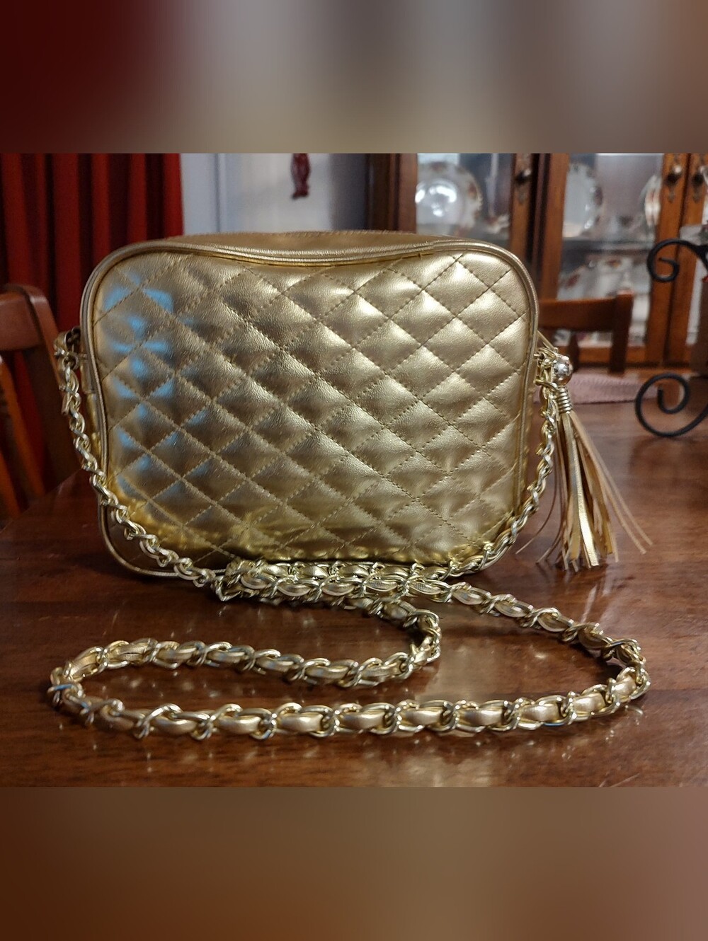 Gold Quilted Crossbody Bag with Tassel